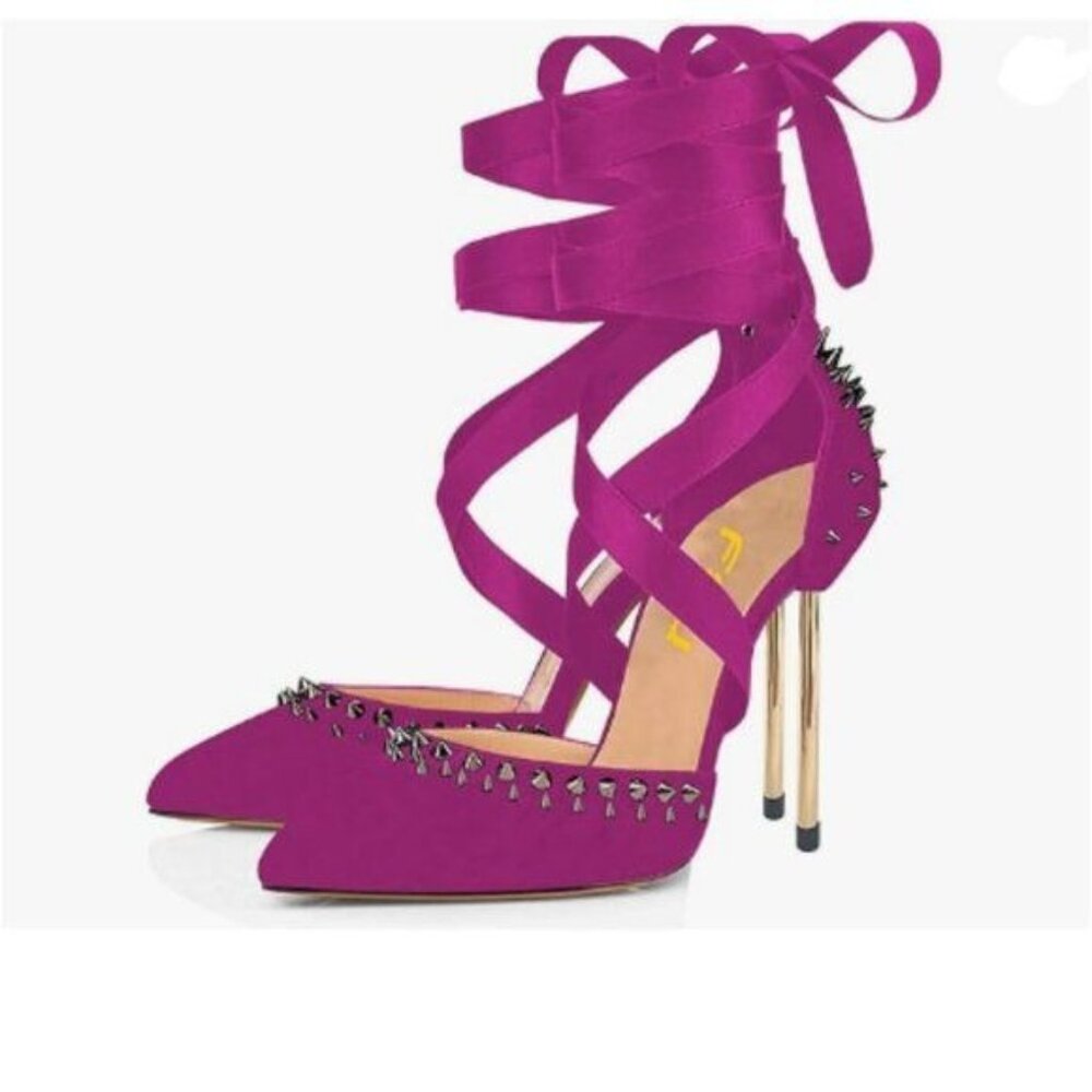 FSJ Fuchsia High Heel Ankle Strap Sandals Pointed Toe Rivets Pumps PVC Shoes